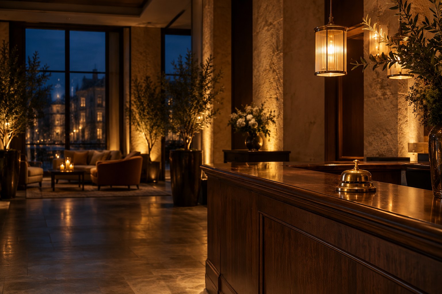 Warm verlichte hotelreceptie in de avond